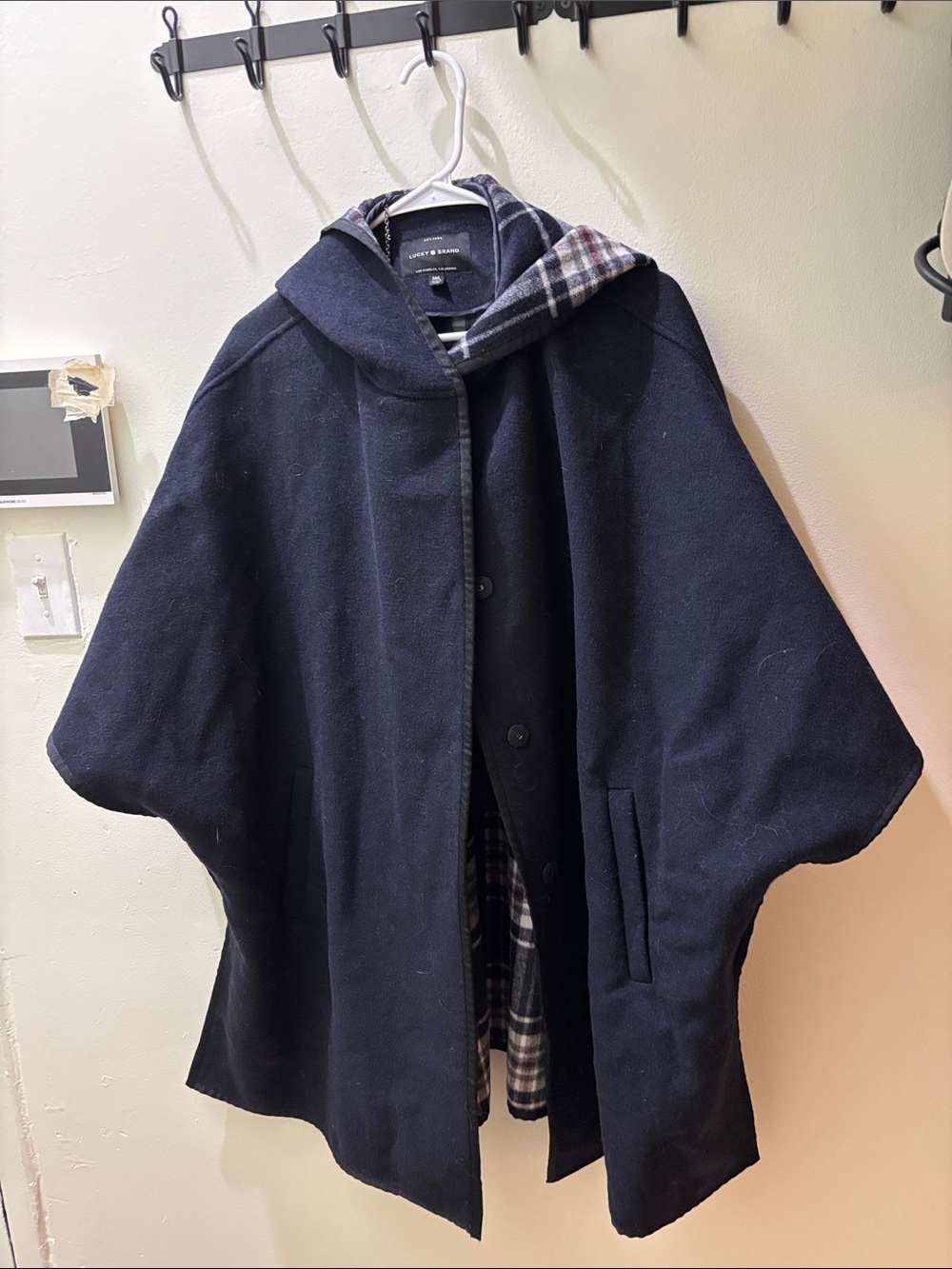 Lucky Brand Navy Hooded Cape Coat with Plaid Lining